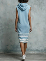 Light Blue Sleeveless Hoodie Midi Dress With White Stripes
