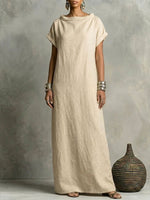 Women's Cotton-linen Short-sleeve Boat Neck And Fold-over Collar Dress