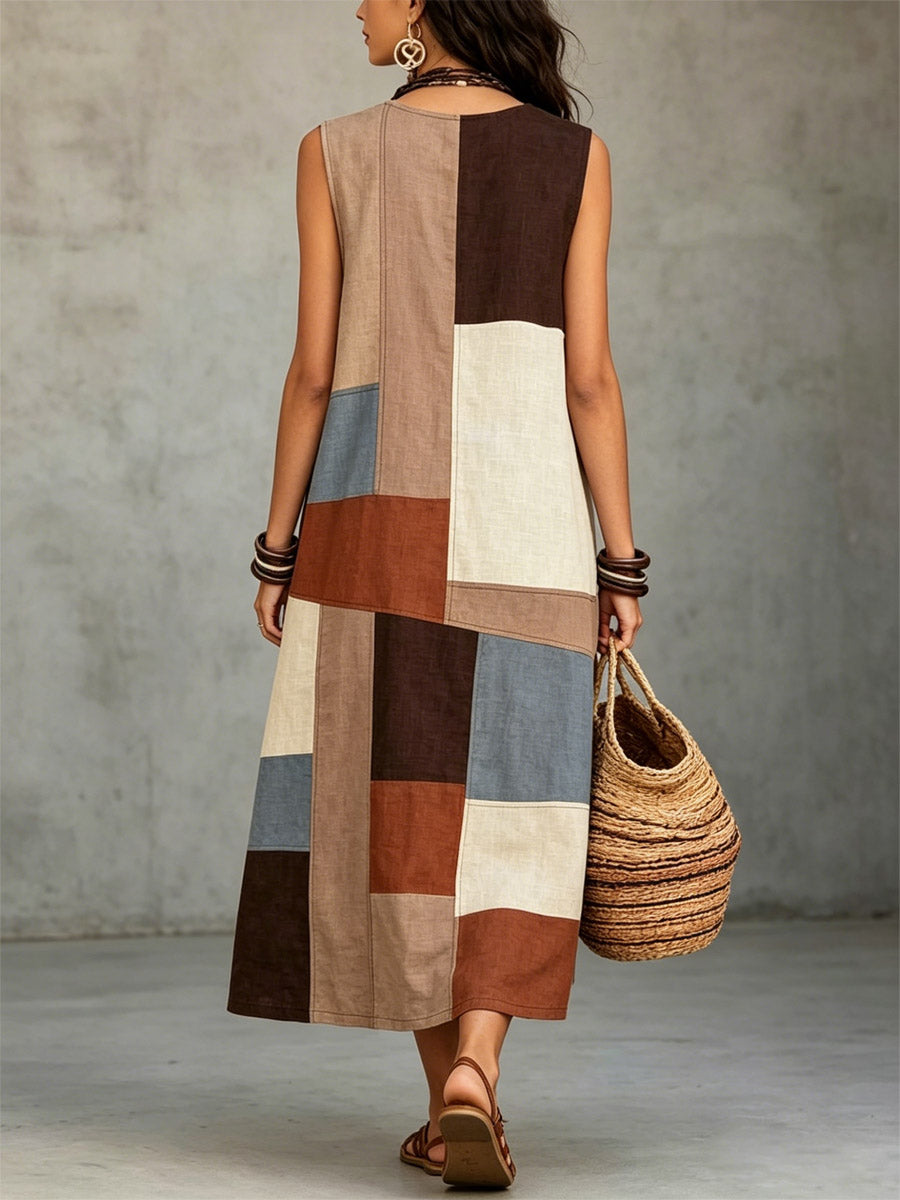 Women's Geometric Pattern Art Casual Sleeveless Cotton Linen Dress