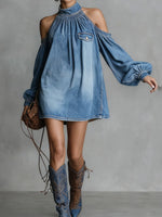 Women's Stand-collar Long-sleeved Casual Loose Denim Dress