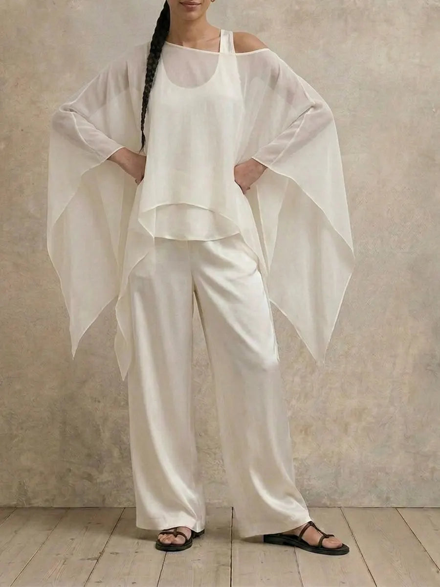 Women‘s Elegant Cutout Shoulder Batwing Sleeve Tunic & Spaghetti Strap Tank Top Two-Piece Set