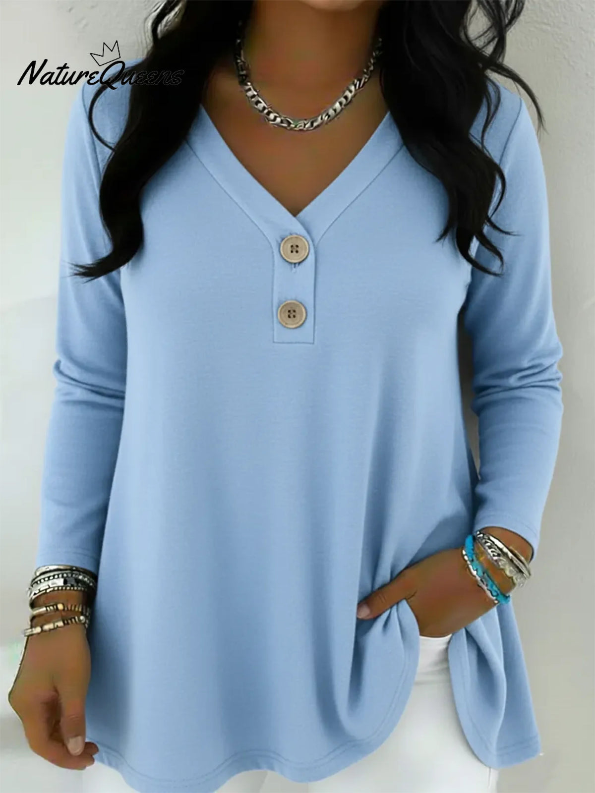 Women's Basic V-neck Button-up Cotton T-shirt