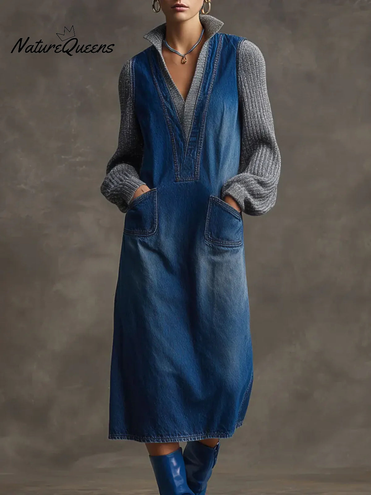 Women's Solid Color Stand Collar Long Sleeve Casual Loose Cotton Knit Patchwork Dress