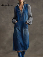 Women's Solid Color Stand Collar Long Sleeve Casual Loose Cotton Knit Patchwork Dress