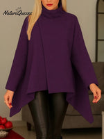 Women's Solid Color High-neck Long-sleeved Casual Loose-fitting Cape Top With Irregular Hem.