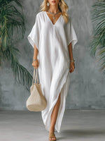 Women's Solid Color V-neck 3/4 Sleeve Casual Loose Cotton And Linen Dress