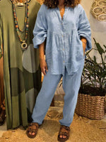 Women's Solid-color V-neck Long-sleeve Loose-fit Cotton-linen Top & Elastic-waist Wide-leg Pants Casual Two-piece Set