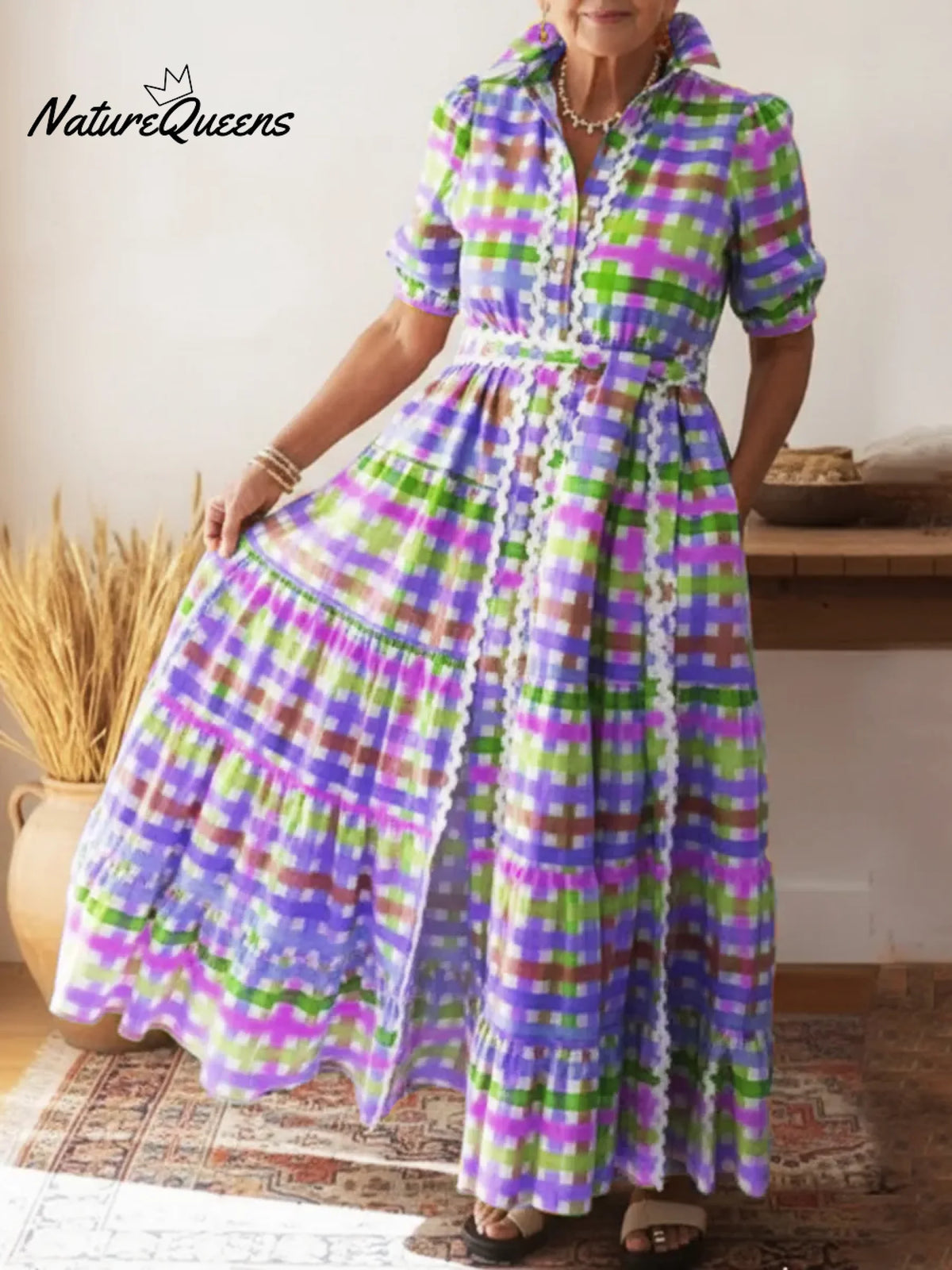 Colorful Square Art Print Collared Shirt Dress