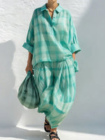 Loose-fit Casual Plaid Linen & Cotton Shirt And Wide-leg Pants Two-piece Set