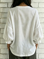 Women's Lace-up V-neck Puff Sleeve Cotton-linen Shirt