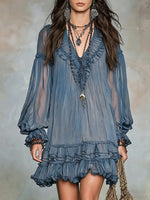 Bohemian-style V-neck Ruffled Lantern-sleeve Dress