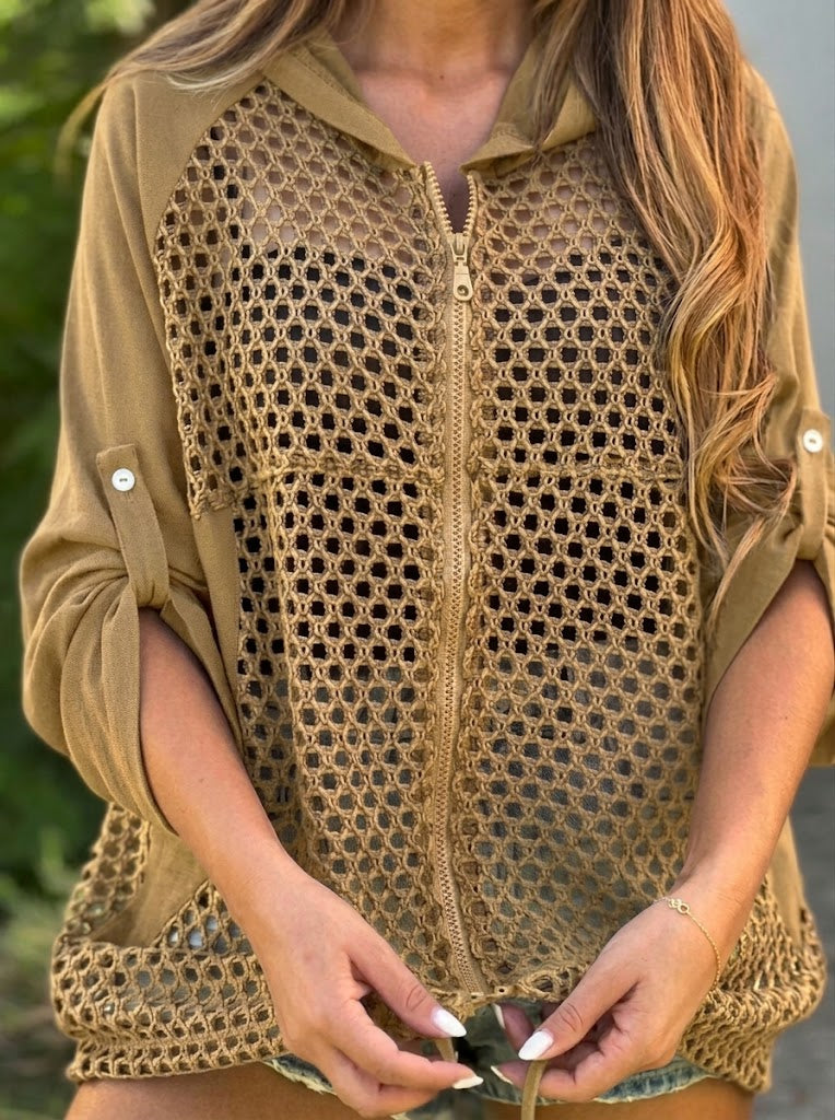 Casual Spliced cutout Linen & Cotton Zip-up Hooded Jacket