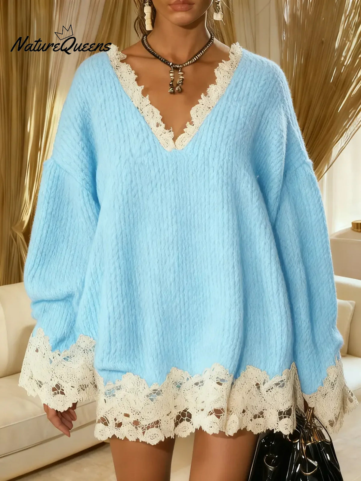 Women's V-neck Long-sleeved Casual Loose Knit Top With Color-blocked Lace Trim