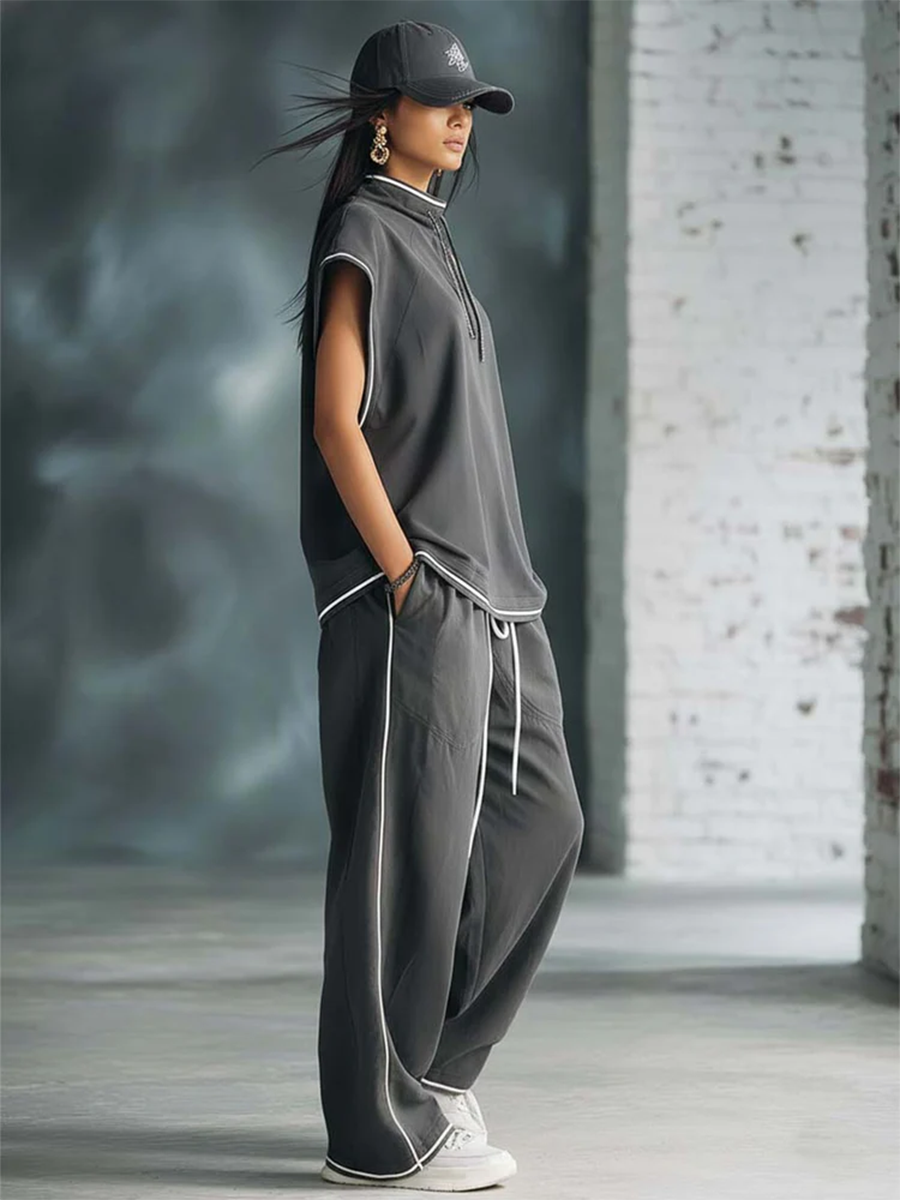 Stylish & Cozy White-trimmed Wide-leg Sweatpants