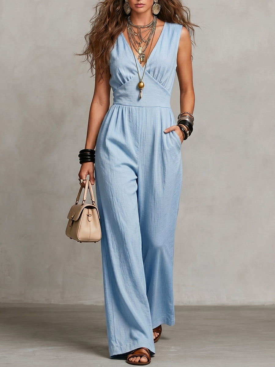Women's V-neck Sleeveless Wide-leg Jumpsuit