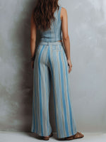 Women's Striped Print V-neck Sleeveless Casual Loose Cotton-linen Top And High-waisted Loose Wide-leg Pants Set