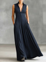 Women's Solid Color Lapel Sleeveless Casual Loose Cotton Dress