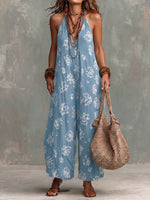 Women's Retro Print V-neck Sleeveless Casual Loose Wide-leg Cotton-linen Jumpsuit
