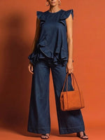 Women's Ruffle Trim Top And Wide-leg Jeans Set