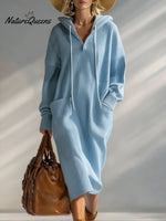 Women's Solid Color Long-sleeved Casual Loose Hooded Knit Dress