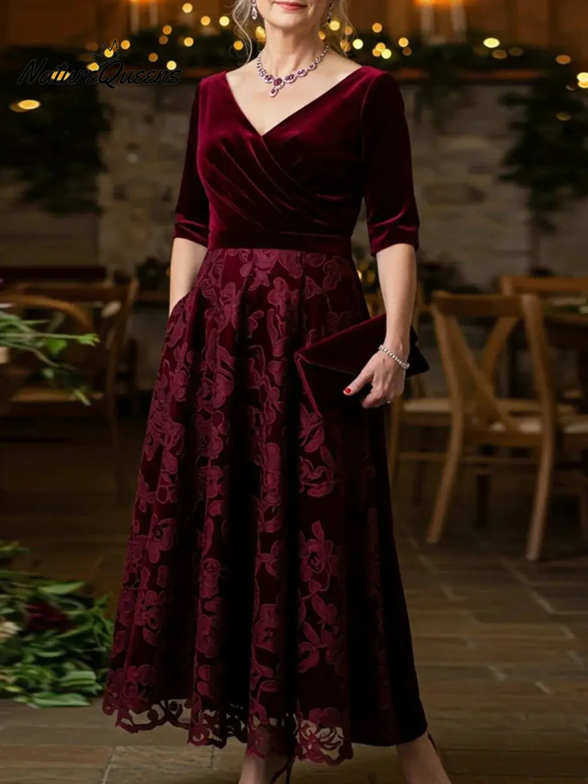 Women's Solid Color V-neck 3/4 Sleeve Casual Loose Velvet Embroidered Patchwork Dress