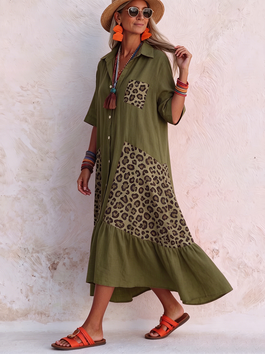 Casual Boho Leopard Print Cotton-linen Dress