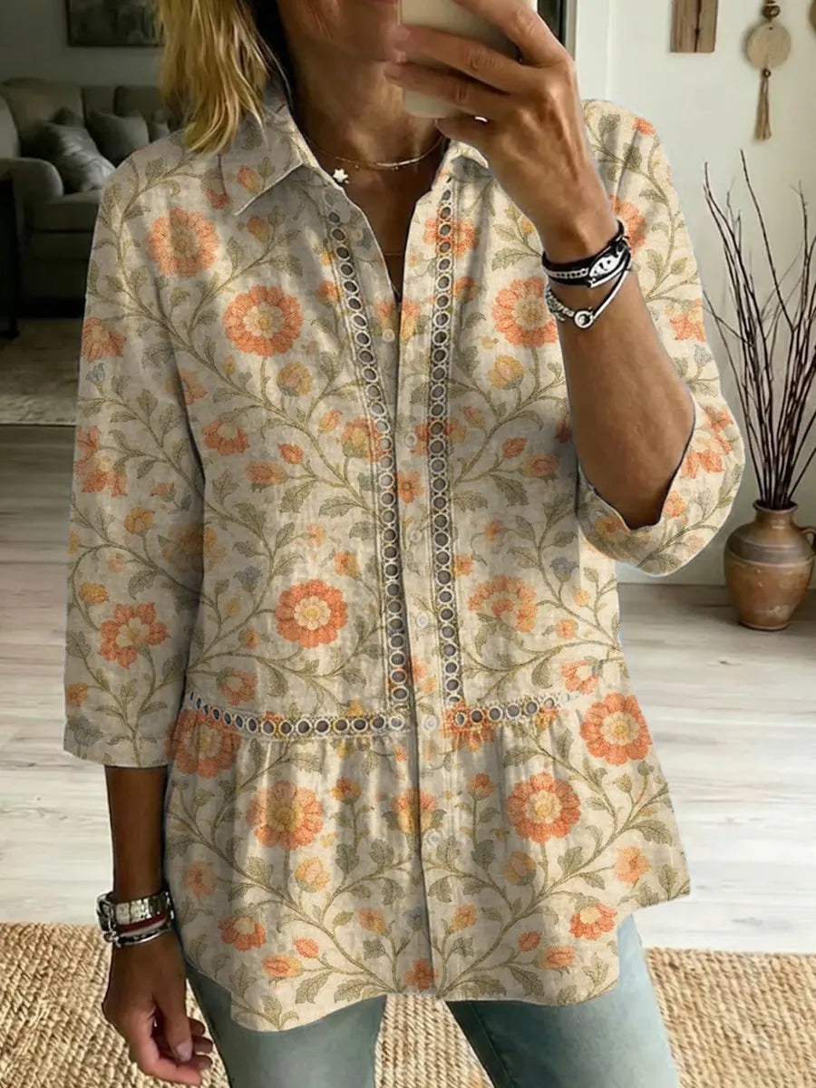 Women's Retro Floral Art Print Casual Lapel Cotton Shirt