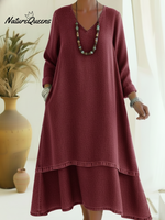 Elegant V-neck Double-layered Hem Denim Dress