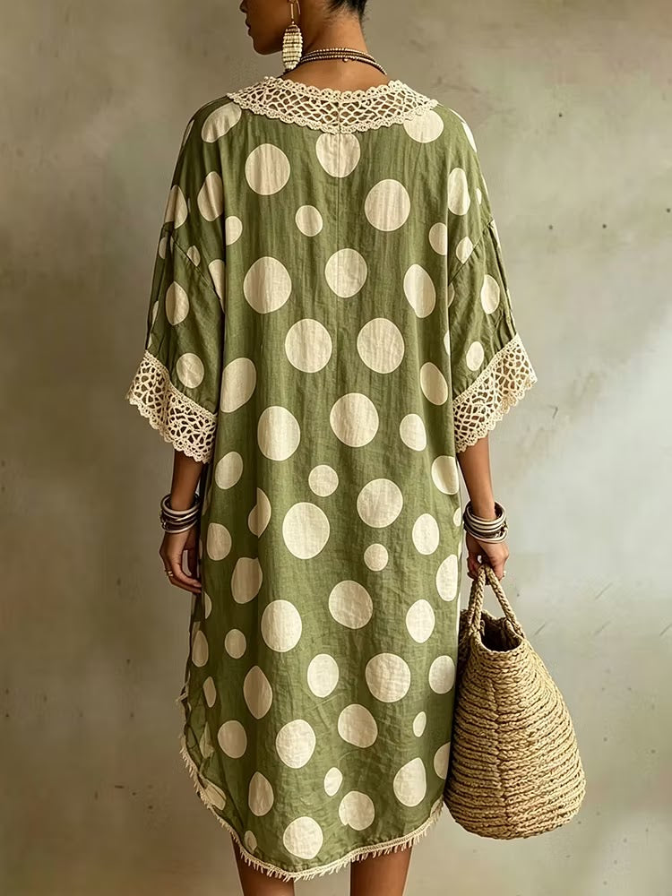 Loose-fit Casual Linen-cotton Dress With Polka Dot And Lace Trim Splicing