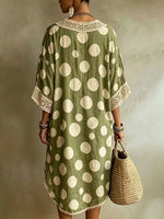 Loose-fit Casual Linen-cotton Dress With Polka Dot And Lace Trim Splicing