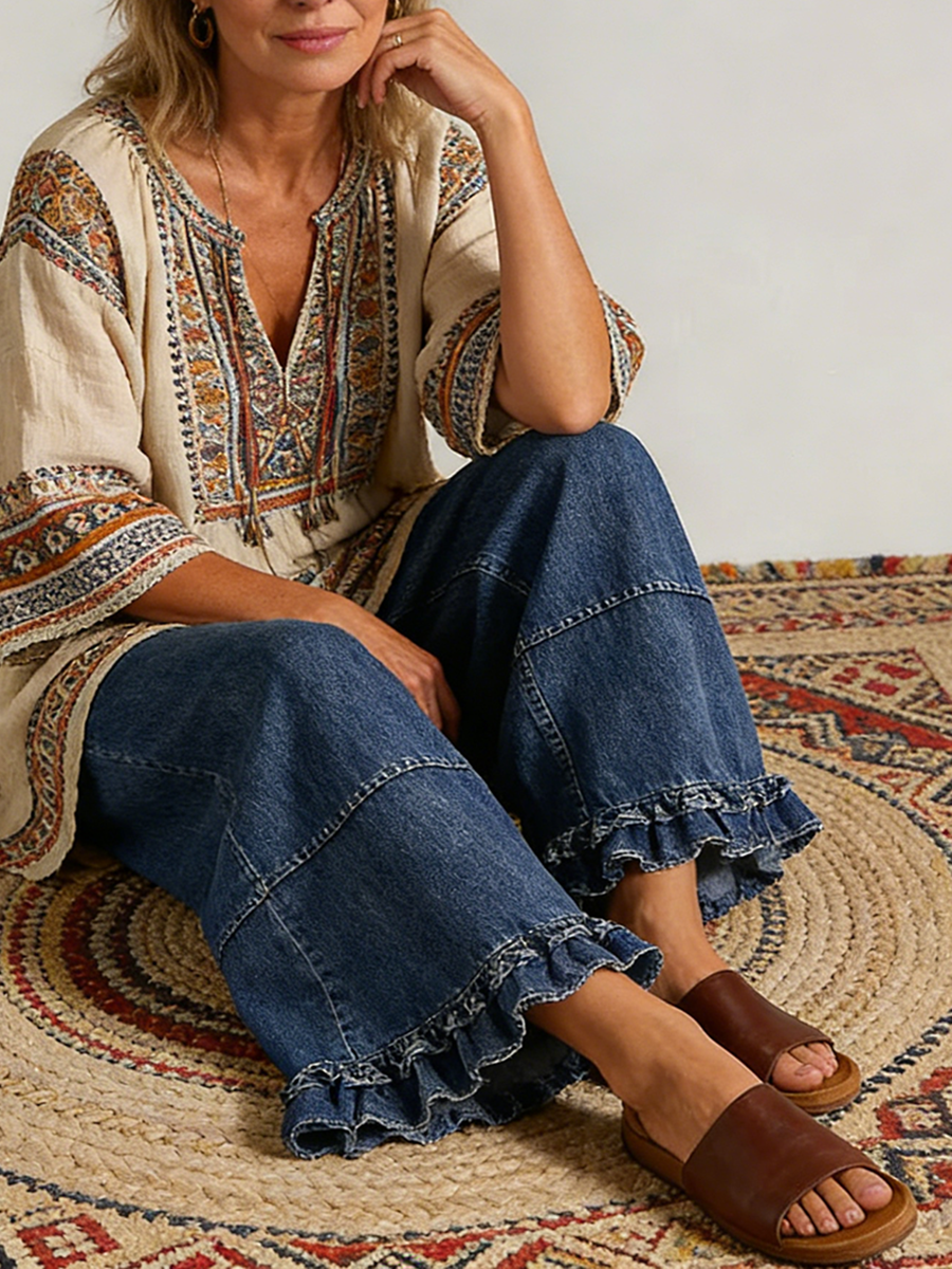 Casual Cozy Ruffled Details Denim Wide-leg Pants