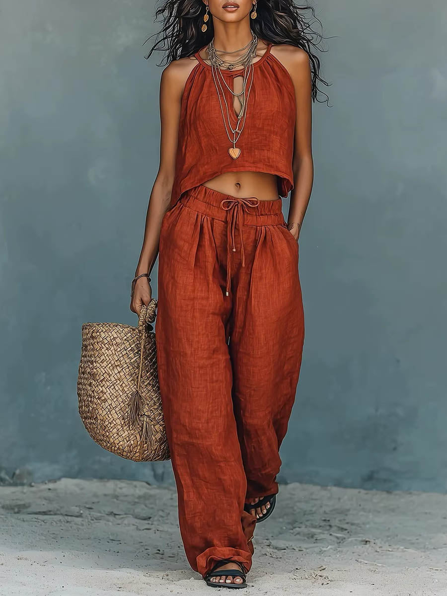 Women's Solid-color Cotton-linen Set: Round-neck Sleeveless Loose-fit Top & High-waisted Wide-leg Pants