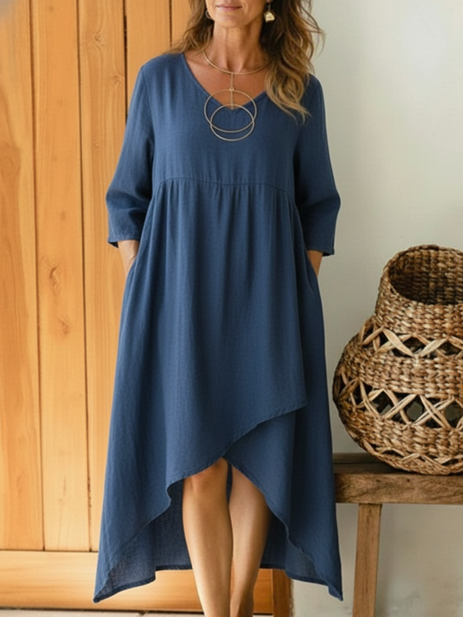Casual V-neck Irregular Hem Denim Cotton Dress