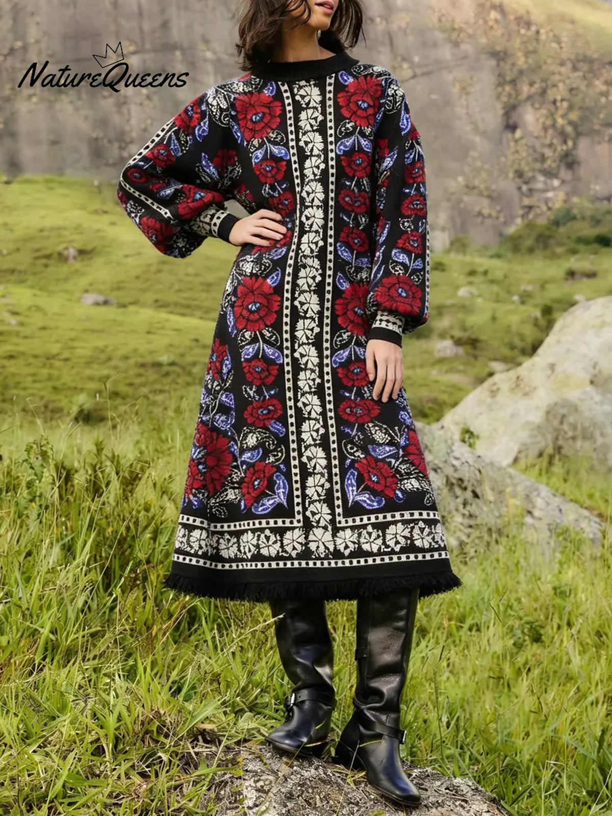 Women's Retro Floral Ethnic Print Stand Collar Long Sleeve Casual Loose Knit Dress