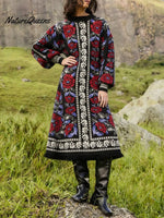 Women's Retro Floral Ethnic Print Stand Collar Long Sleeve Casual Loose Knit Dress