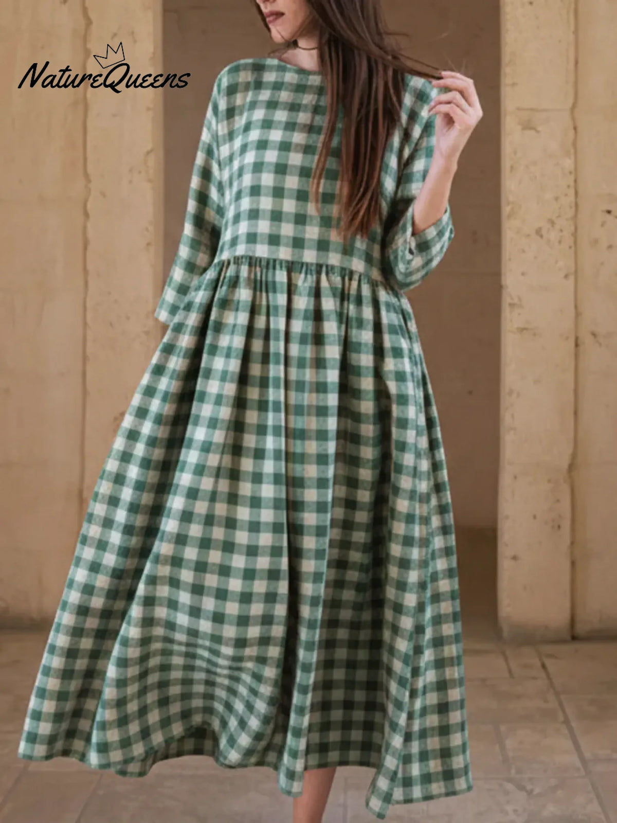 Vintage Plaid Print Button-up Loose Midi Dress