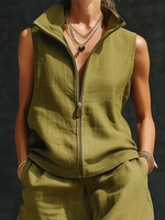 Stylish Stand-up Collar Zipper Linen Cotton Two-piece Set