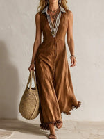 Button-front Striped Collared Raw Hem Waisted Sleeveless Dress