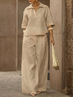 Women's Casual Linen And Cotton Shirt And Wide-leg Pants Two-piece Set