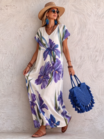 Vestido de vacaciones de algodón y lino con estampado artístico de acuarela de iris.