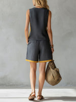 Women's Round Neck Sleeveless Casual Loose Vest And Elastic Waist Casual Loose Shorts Cotton And Linen Set.