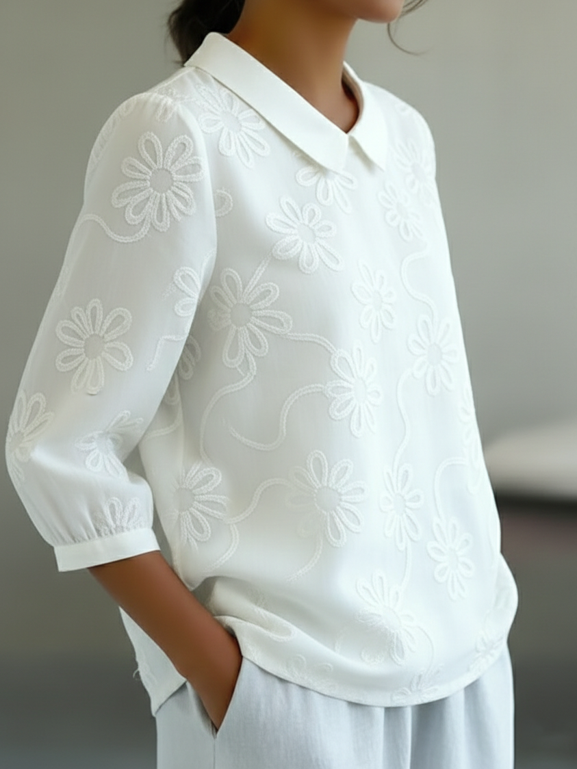 Romantic Floral Embroidered Peter Pan Collar Shirt Blouse