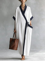 Women's V-neck 3/4 Sleeve Casual Loose Cotton Linen Dress