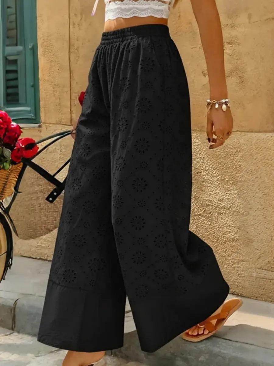 Women's Casual Lace Embroidered Cotton Wide-leg Pants