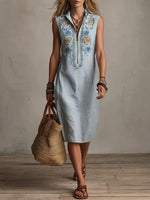 Casual, Simple, Sleeveless Striped Linen-cotton Dress With A Half-zip.