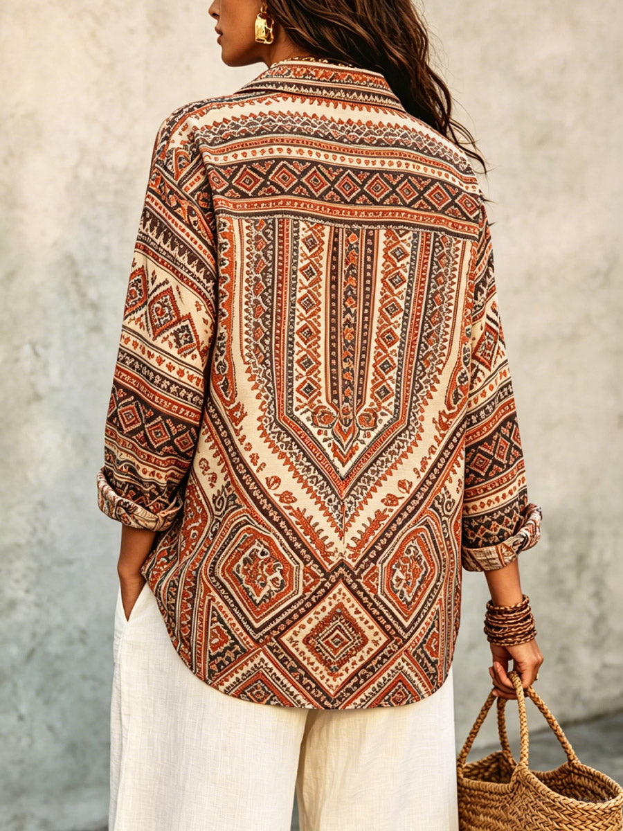 Women's Ethnic Pattern Art Casual Stylish Long Sleeve Cotton Linen Shirt
