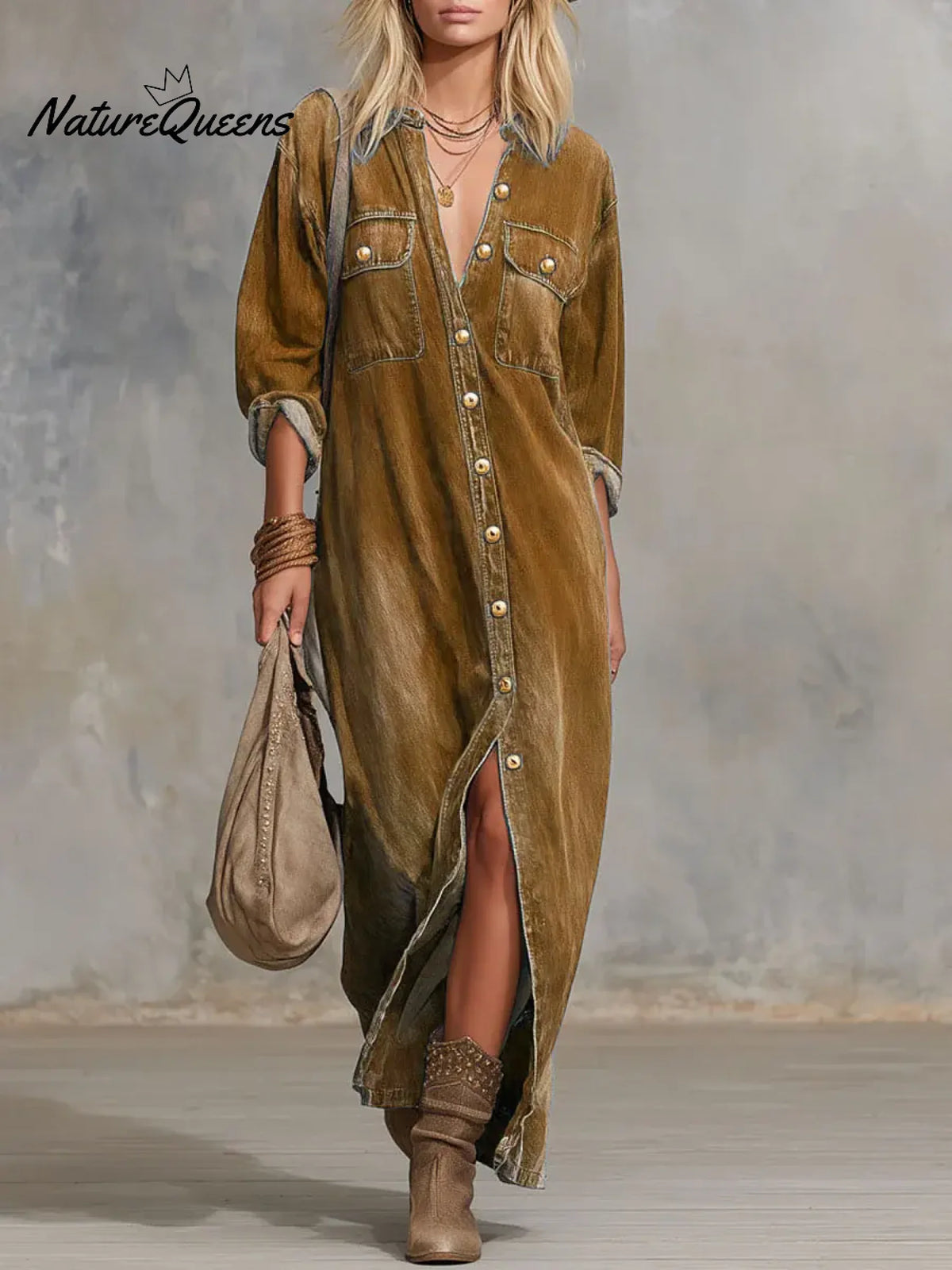 Women's Cardigan-style Collarlong-sleeved Casual Loose Denim Dress.