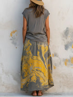 Women's Solid-color Crew Neck Short-sleeve Loose-fit Cotton-linen Top & High-waisted A-line Printed Cotton-linen Skirt Set