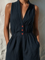 Navy Red Ruffle Hem Stand Collar Sleeveless Midi Cotton Dress