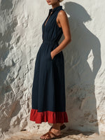 Navy Red Ruffle Hem Stand Collar Sleeveless Midi Cotton Dress